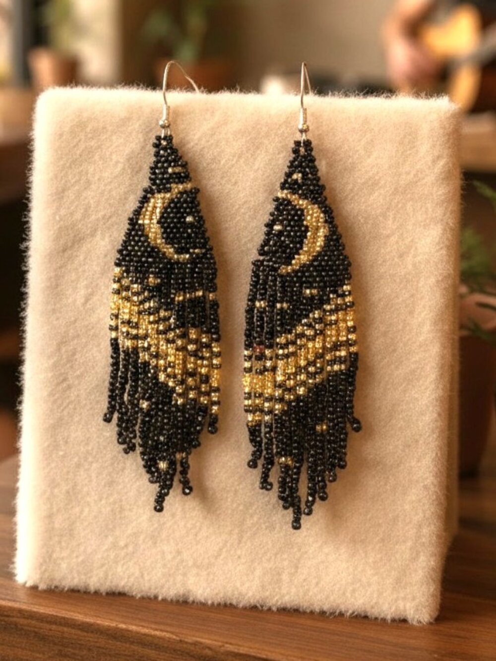 Moon Boho Earrings Beaded Fringe Handmade Jewelry Boheme